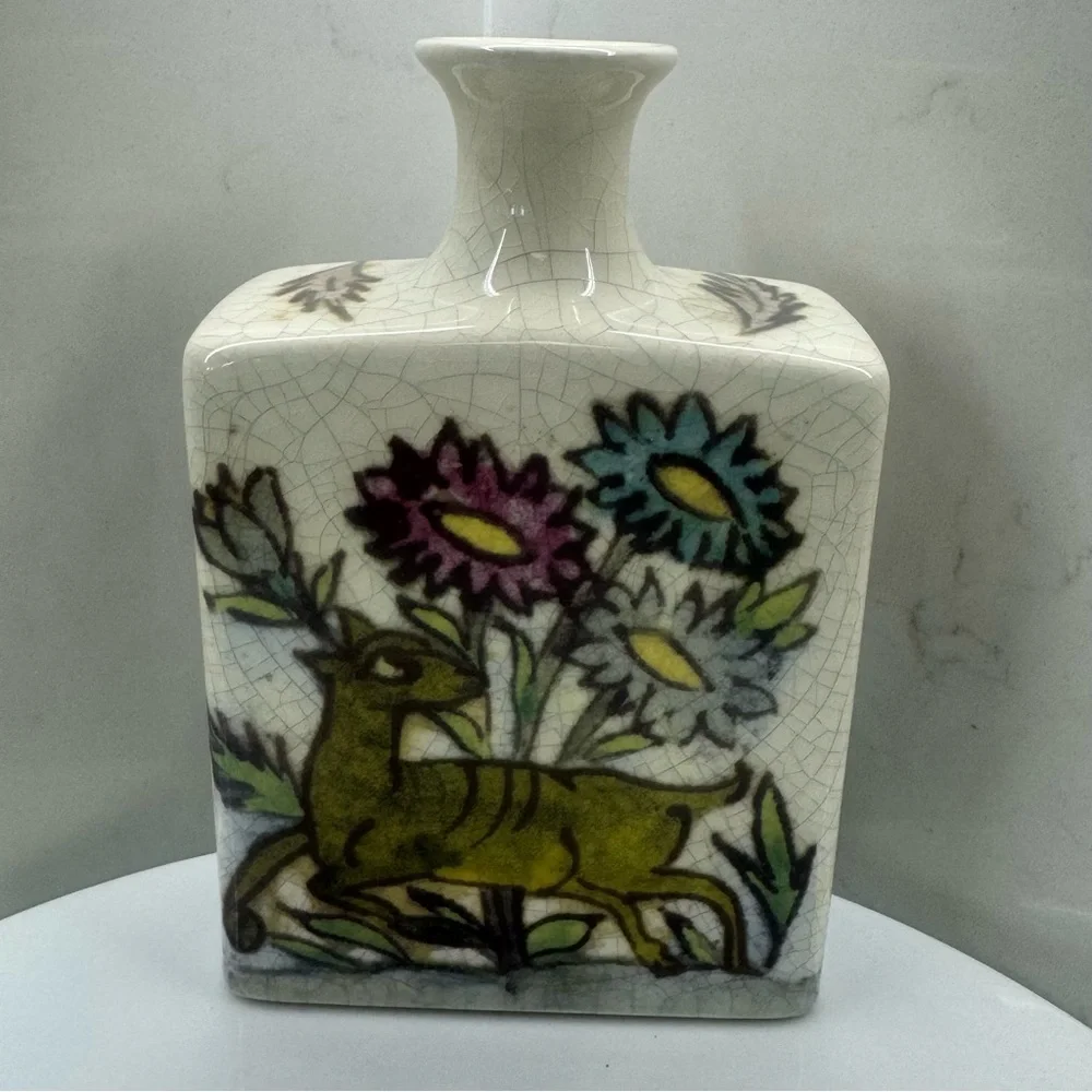 Pottery Barn Ikat Crackled Flower Vase Floral Birds Deer